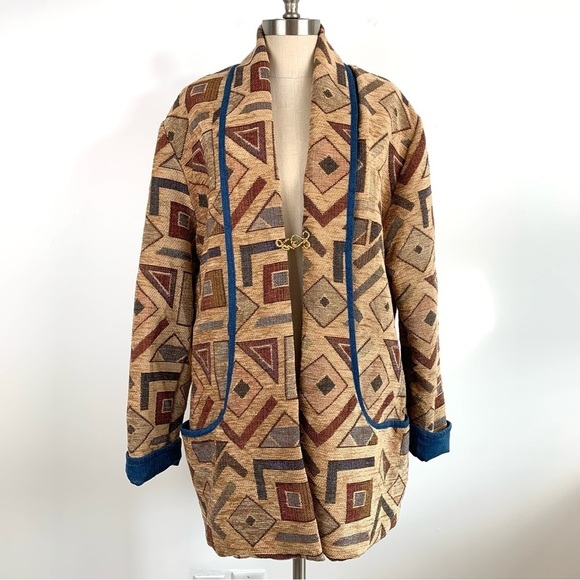 VINTAGE 90s Geometric Tapestry Heavy Overcoat Cardigan Size Medium - Picture 1 of 11